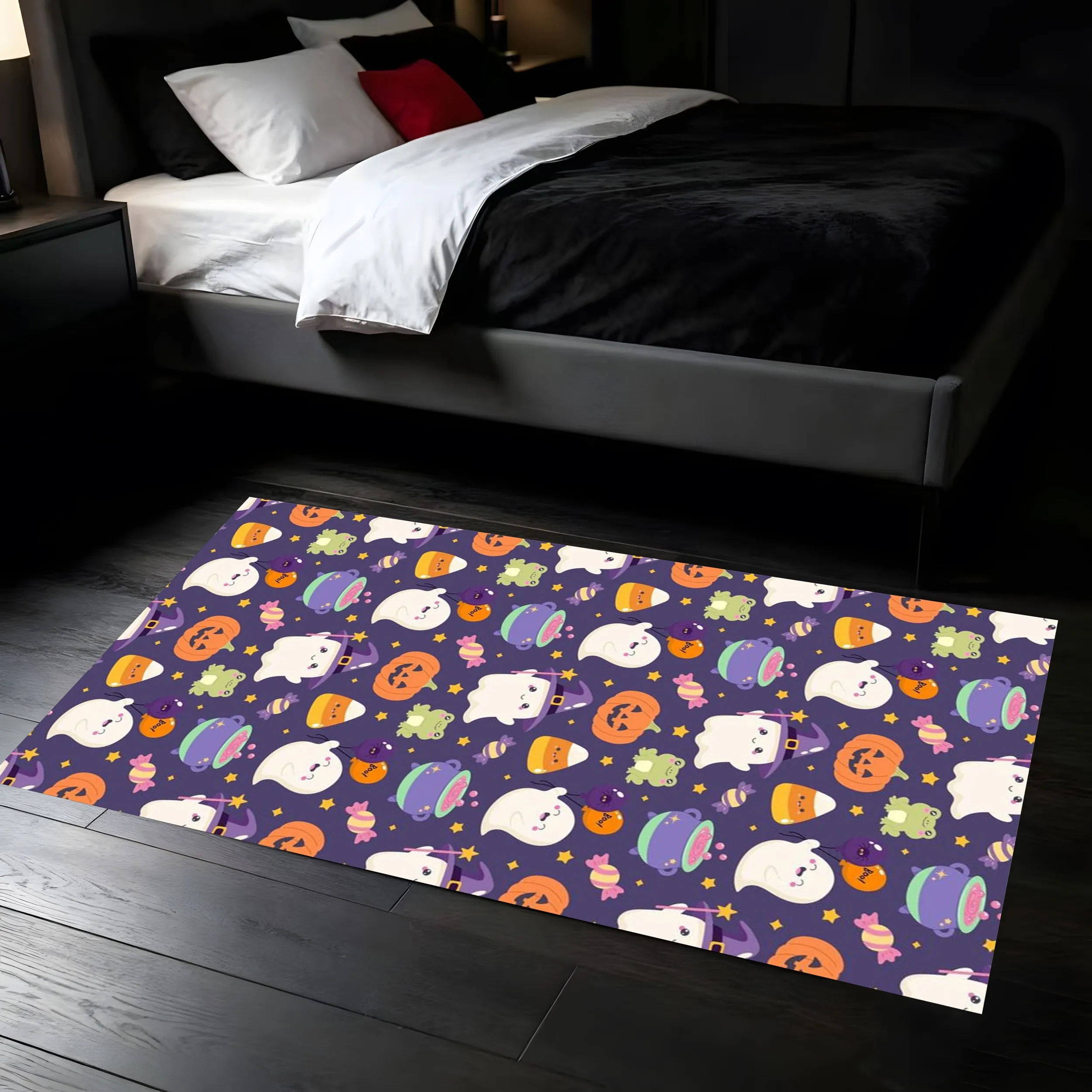 2D Large Rug with Cute Forest-Themed Mushroom and Leaf Prints, the Soft Eye-Catching Colors Are Perfect for a Warm and Festive Atmosphere