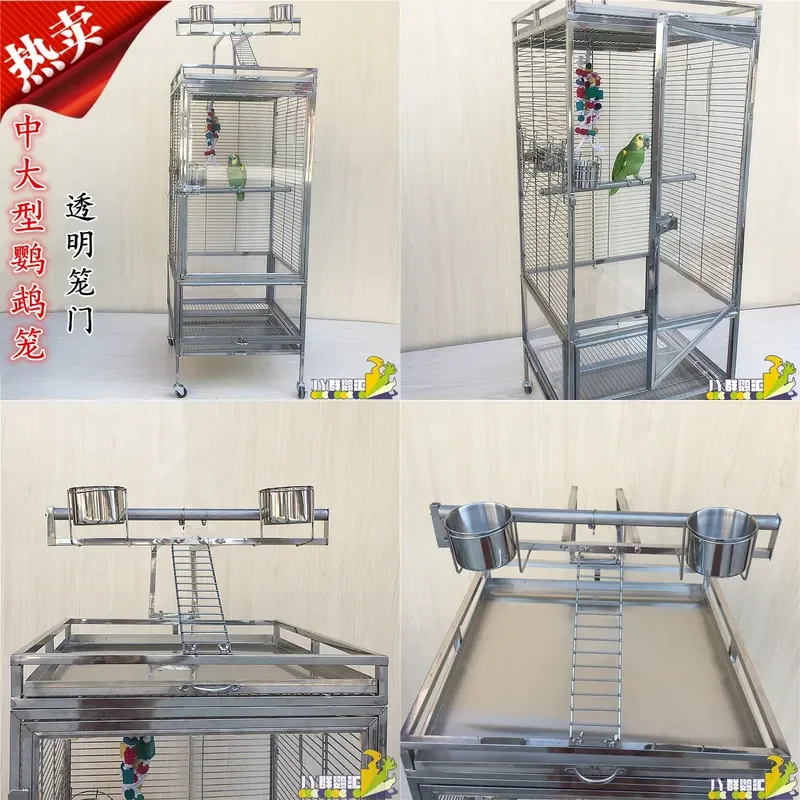 For Large Stainless Steel Metal Parrot Bird Cage Villa Breeding Plexiglass Transparent Durable Spacious Pet Housing