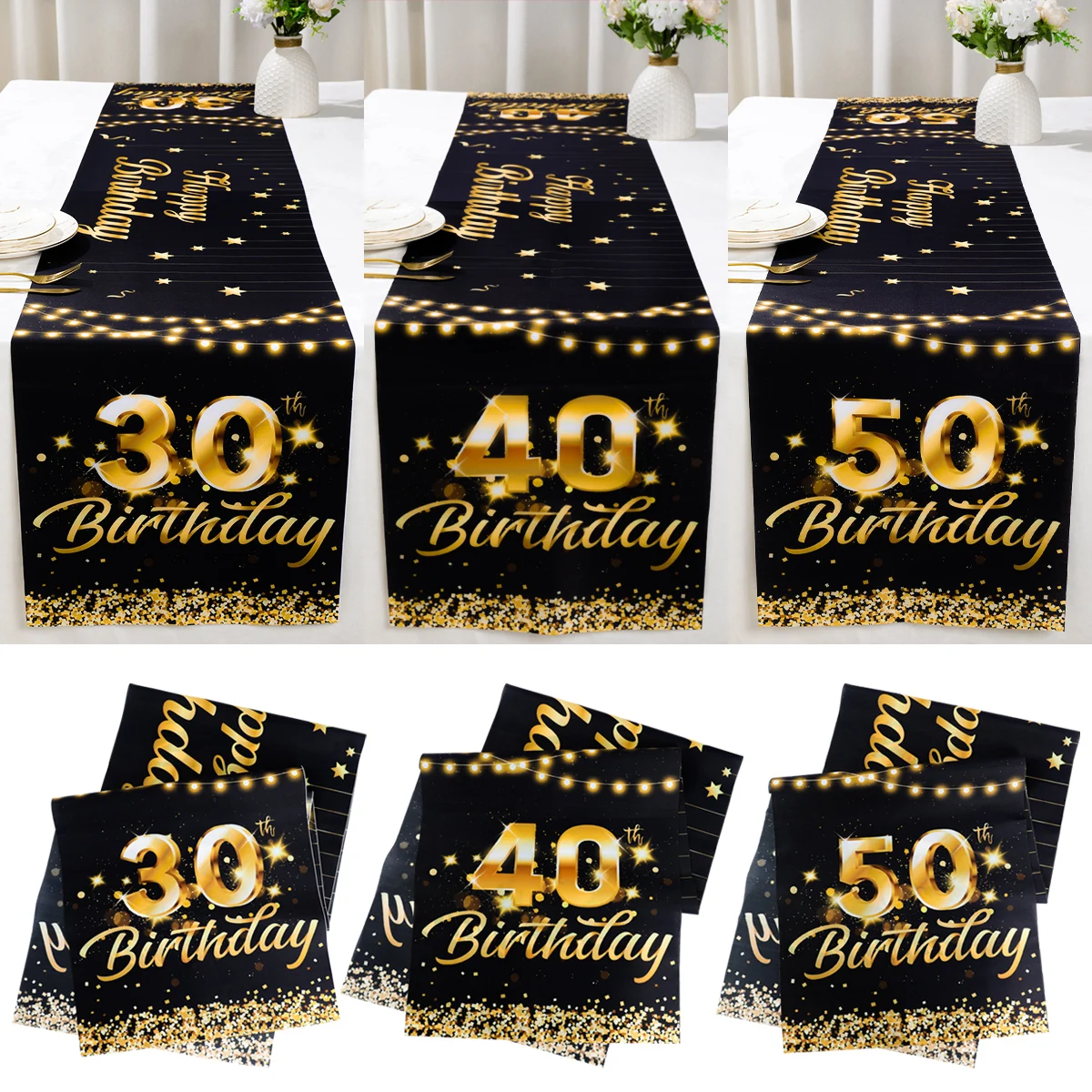 

Black Gold Table Runner Happy 30 40 50 Year Old Birthday Party Decoration Adult 30th 40th 50th Birthday Tablecloth Banner