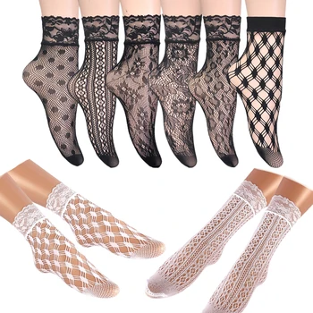 נשים רטרו גותי קיץ חולצת תחרה פרחונית גרבי רשת קצרות ניילון שחורות 23 דגמים גודל נעליים 5-10