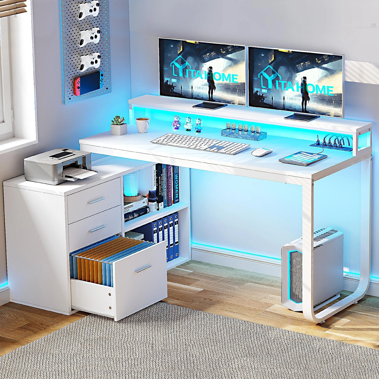 

55" L Shaped Gaming Desk with File Cabinet & Power Outlets LED Corner Desk