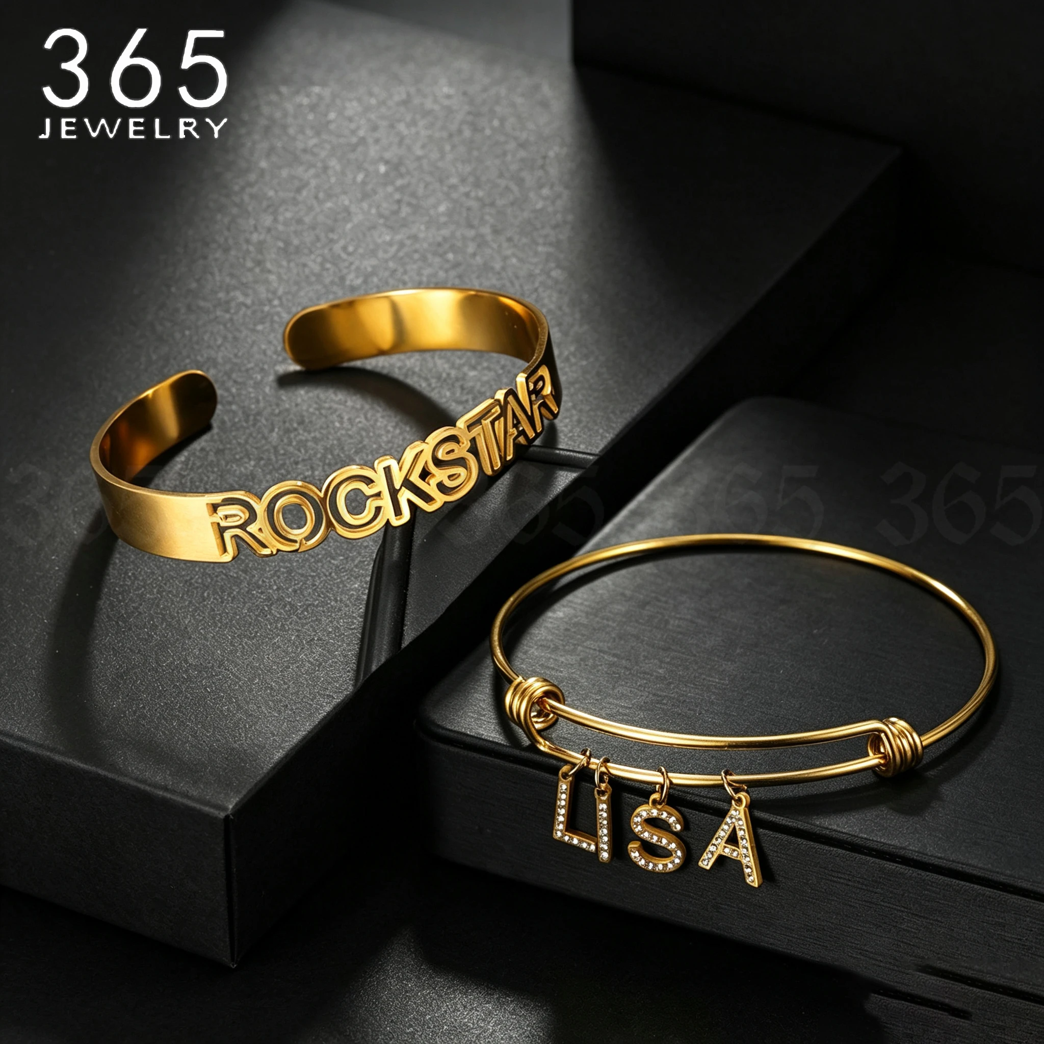 365 Custom Name Bracelet Personalized Gold Color Stainless Steel Charm Hollow Zircon Letters Cuff Bangles for Women Jewelry Gift