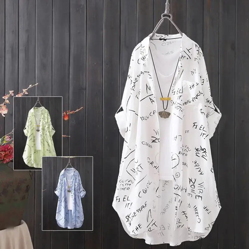 Summer Shirt Long Sleeves Women Blouse Tops Cardigan Big Size Button Sun Protection Clothing Loose Thin Jacket Print Streetwear