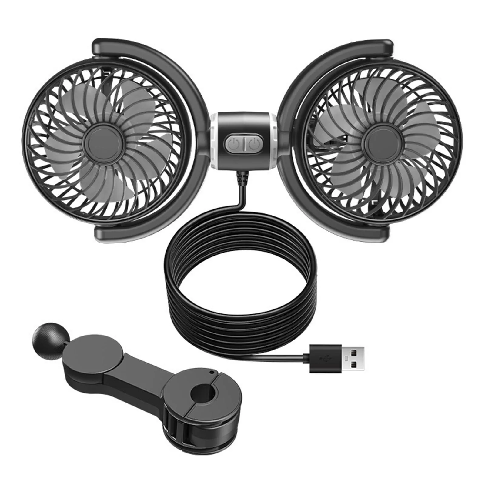 Dual Head USB Car Seat Back Fan Three Speed Adjustable Angle Mini Cooling Fan for Rear Seat Truck SUV Summer Interior Cool Use