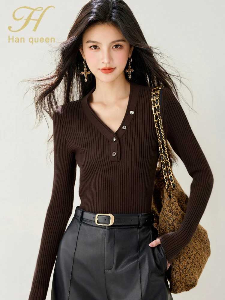 

H Han Queen Autumn Winter Tops V-Neck Long Sleeve Vintage Casual knitted Pullover Sweaters Korean Style Women's Clothing 2025