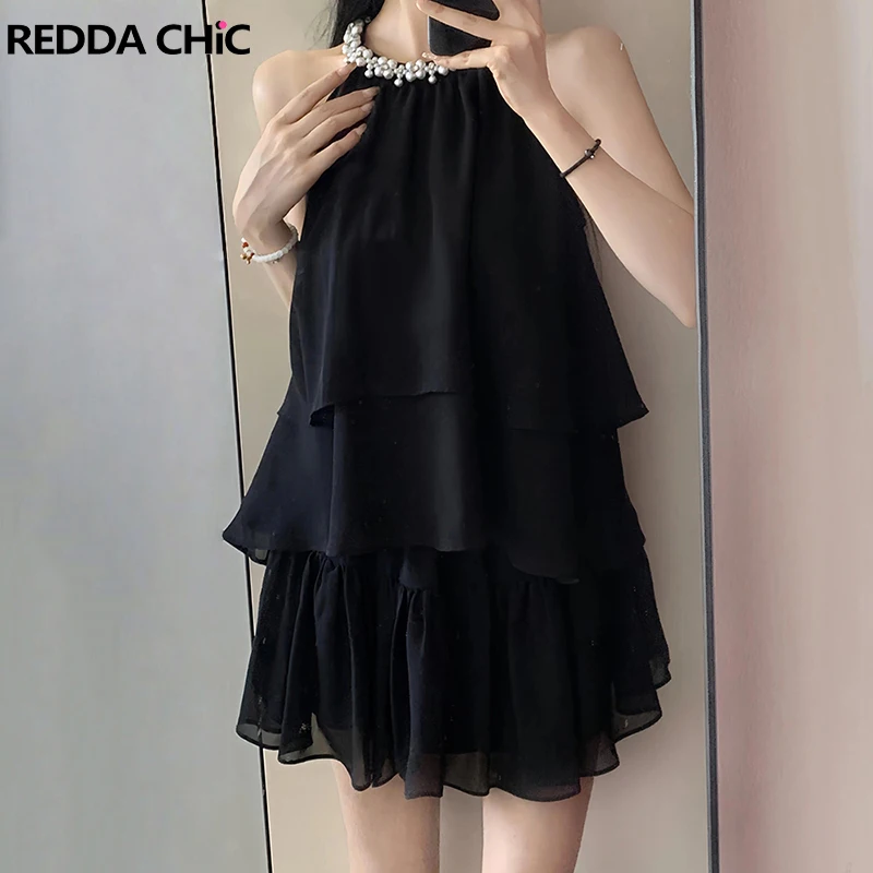 

ReddaChic Sequin Chiffon Top Skirt Matching Set Party Halter Starry Night Black Cake Mini Culottes Office Summer Women Clothes