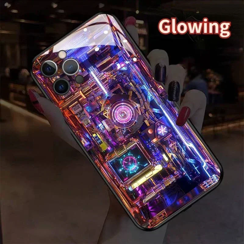 High-Tech LED Light Glowing Luminous Tempered Glass Phone Case for iPhone 16 15 11 12 13 14 X Xs Mini Pro Max Plus Smart Cover