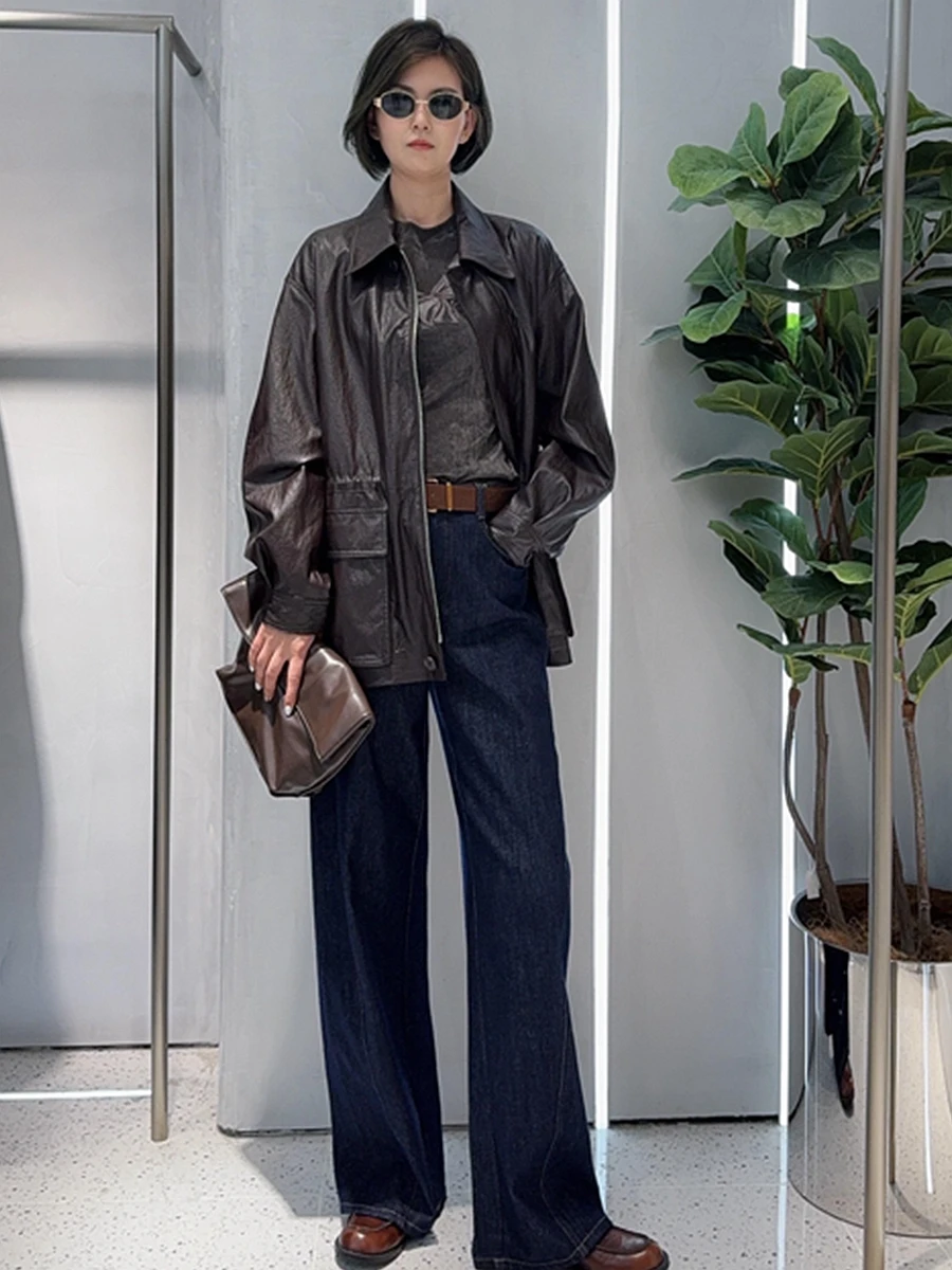 

Ele Retro PU Leather Jaet Women's Autumn Faionable Versatile Mid-Length Collared Coat Commute Sle Regular Fit Long ...