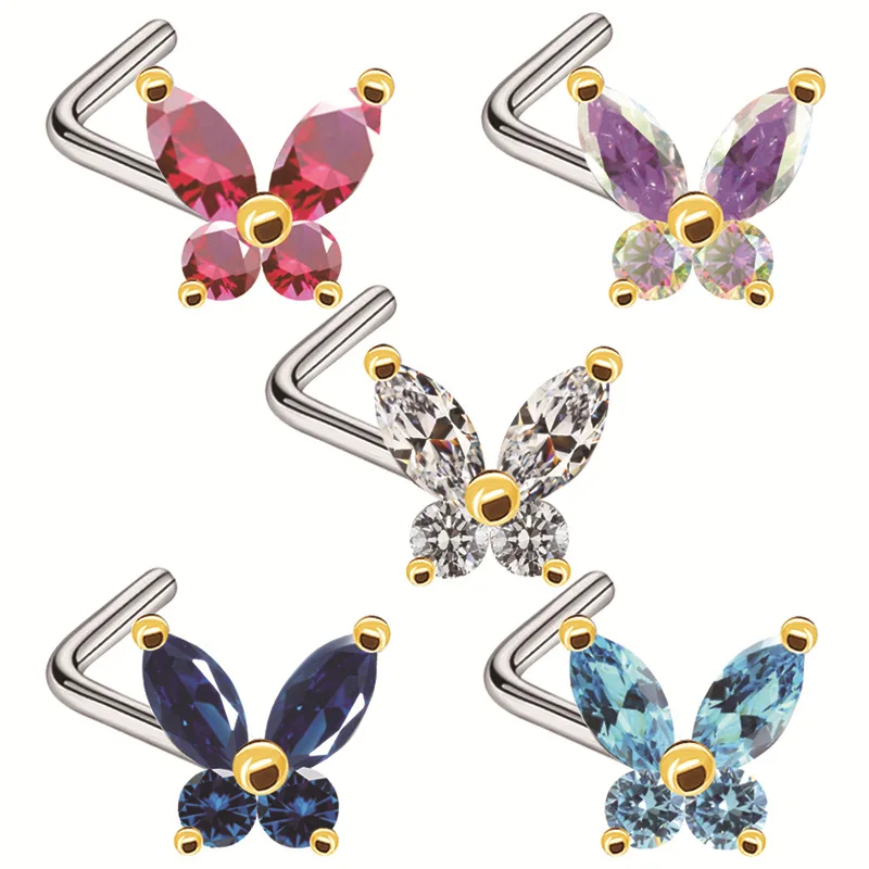 Lovely Zircon Nostril Screws Colorful Butterfly Nose Studs L-Bend Nose Rings for Nose Piercing Jewelry