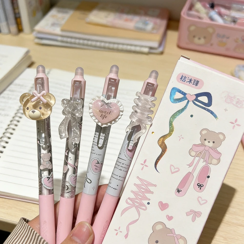 Kawaii Bow Ribbon Bear Erasable Pen 4Pcs Aesthetic Retractable Gel Pens 0.5mm Smooth Writing Pen School & Office Supplies