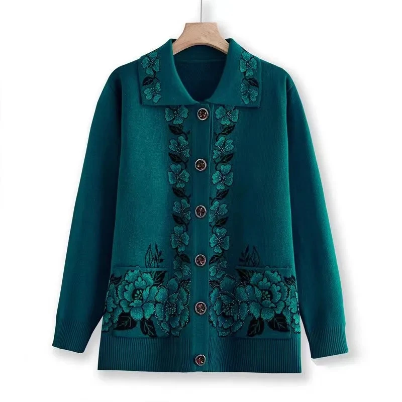 Spring Autumn New Grandma Knitted Cardigan Sweater Green Coat Square Collar Long Sleeve Cardigan Loose Top for The Elderly