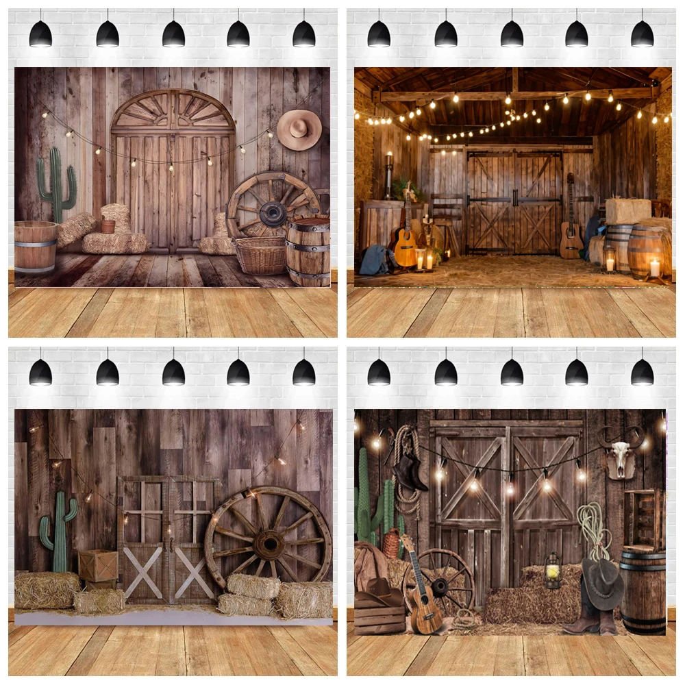 Western Cowboy Backdrop Wild West Farm Barn Wooden Door Horse Haystack photo for kids Baby Birthday Party Photography Background