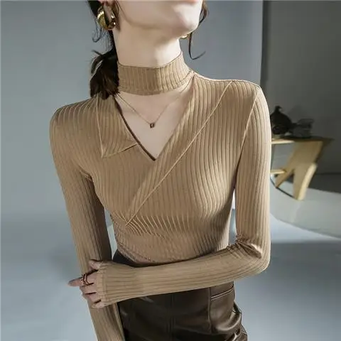 Elegant Fashion Hollow Halter Solid Color All-match Long Sleeve Tops Sexy Slim Spliced Knitted Sweaters Jumpers Women\'s Clothing