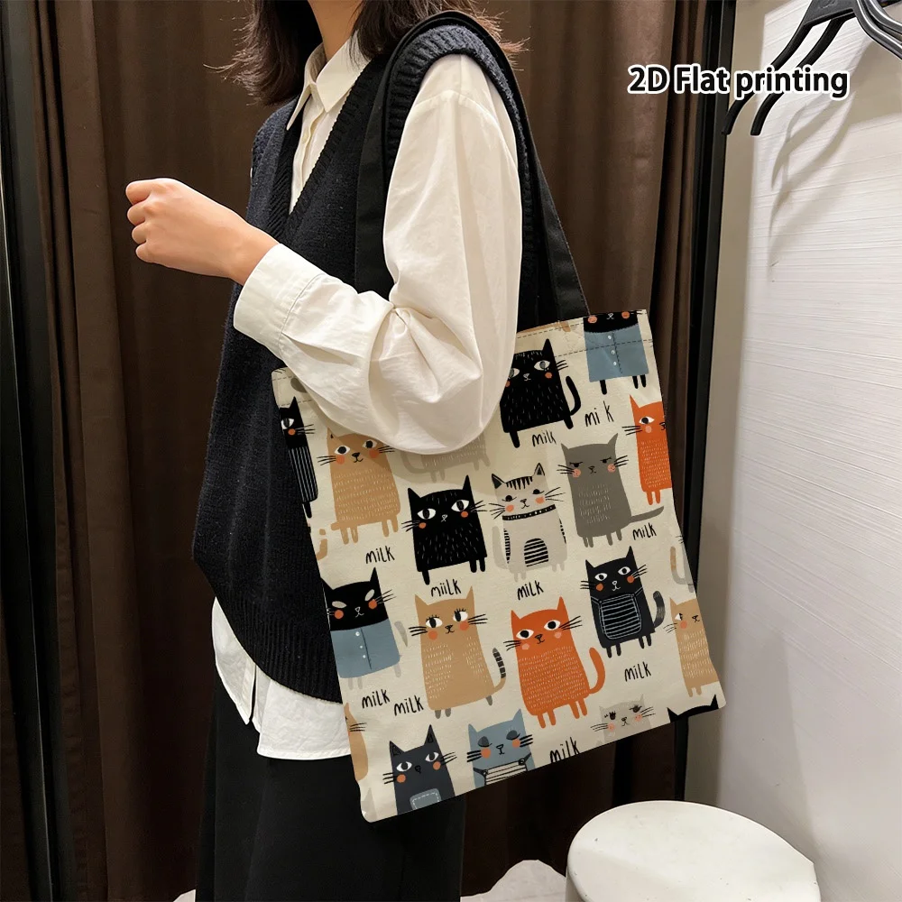 1pc Vibrant Cute Cats and Milk Double-Sided Print Tote Bag - Reusable Grocery Bags with Durable Handles
