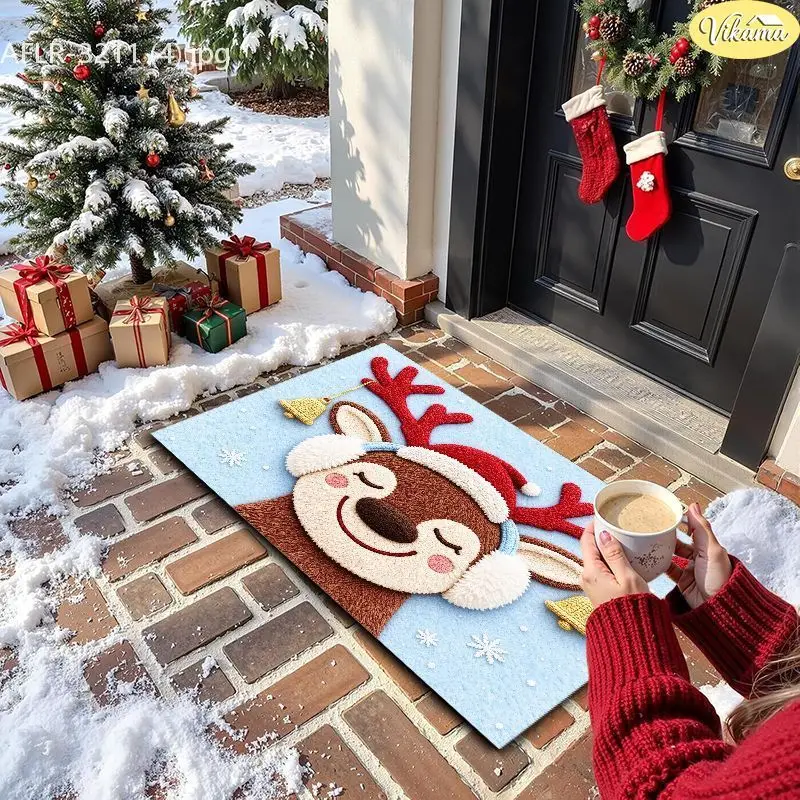 VIKAMA Blue Reindeer Bell Earmuff Entryway Rug Non Slip Low Profile Mats for Outside Front Door Xmas Holiday Decor Soft