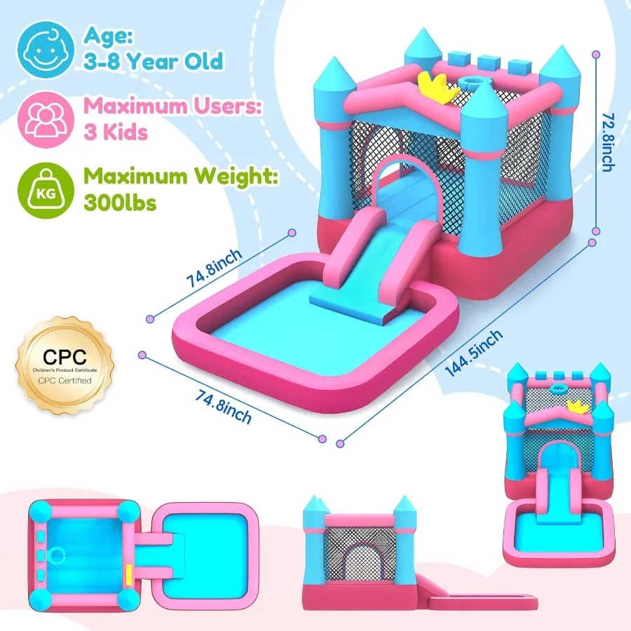 Casa gonfiabile con rimbalzo con piscina e scivolo, castello da salto per parco acquatico 12x6,2 piedi per bambini, tessuto Oxford 840D resistente, dai 3 ai 8 anni,