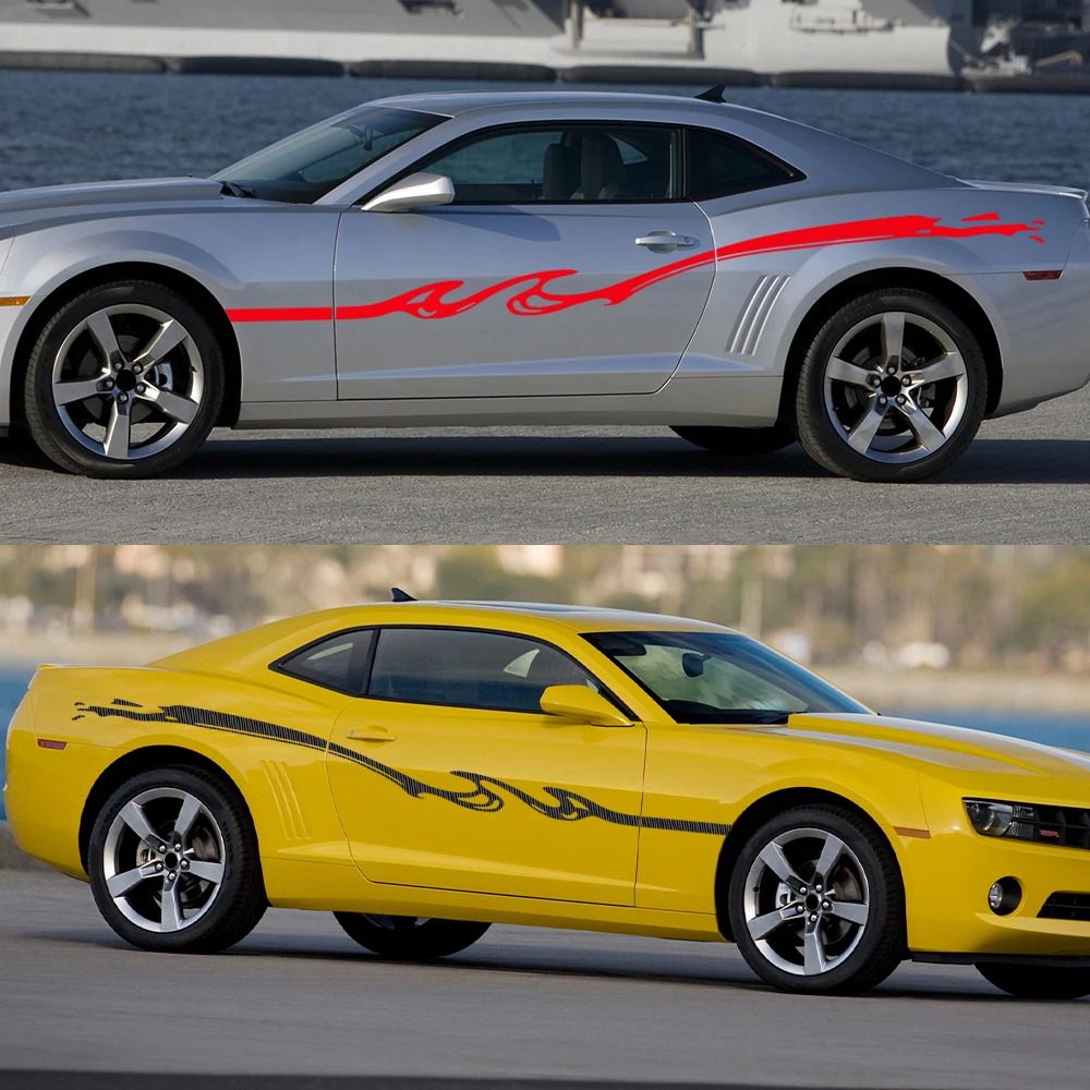 2Pcs PVC Side Door Flame Graphic Decal for Chevrolet Camaro 5th Gen Zeta 2010‑2015 Self‑Adhesive Racing Flame Side Skirt Sticker