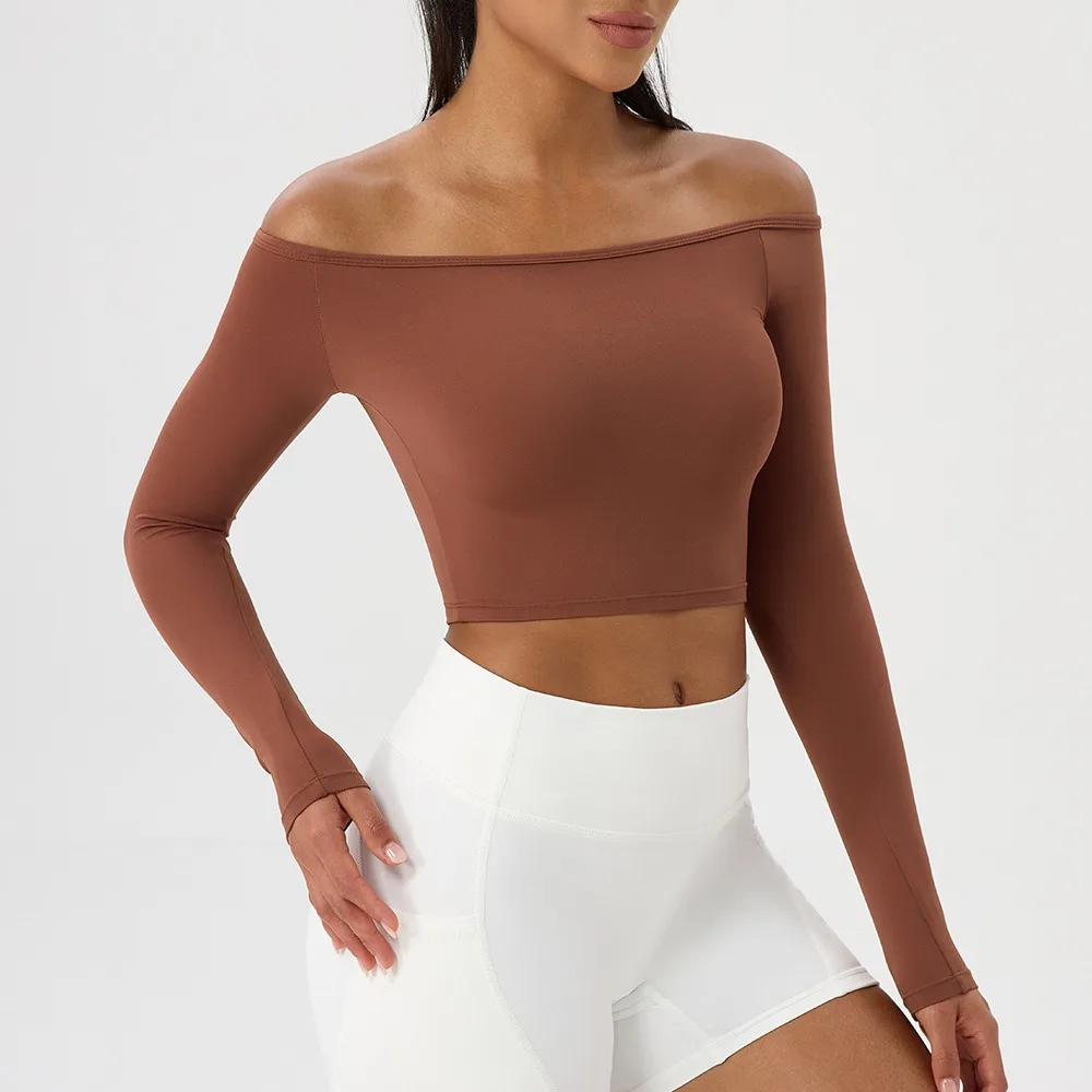 Women Sexy Off Shoulder Yoga Top Long Sleeve Gym Running Top Solid Quick-Dry Sport Workout Shirt image 4