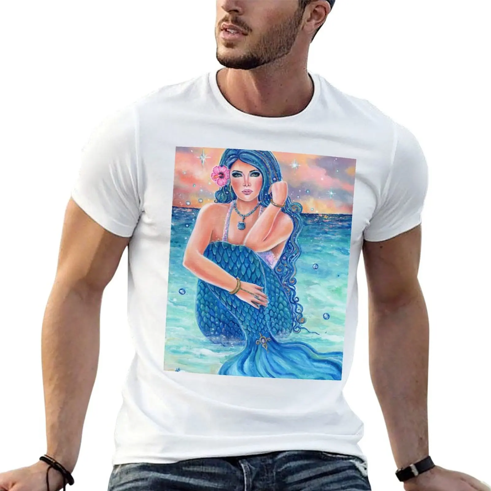 Melesandria tropical mermaid art by Renee L Lavoie T-Shirt Retro Graphic Print T-Shirt