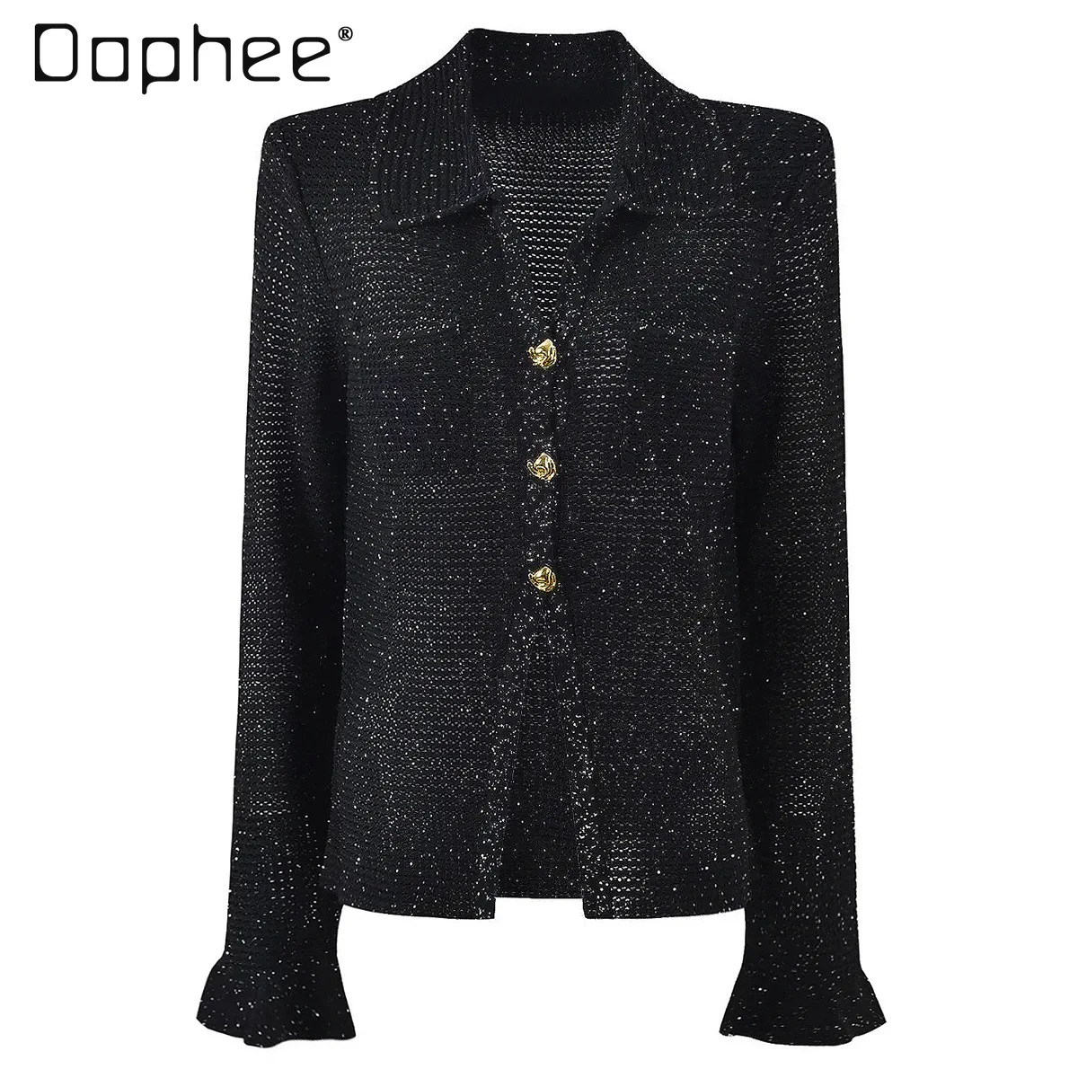 

2026 Spring New European American High-end Sequin Knitted Long Sleeve V-neck Shirt Fashion Single-breasted Fine Glitter Shirts