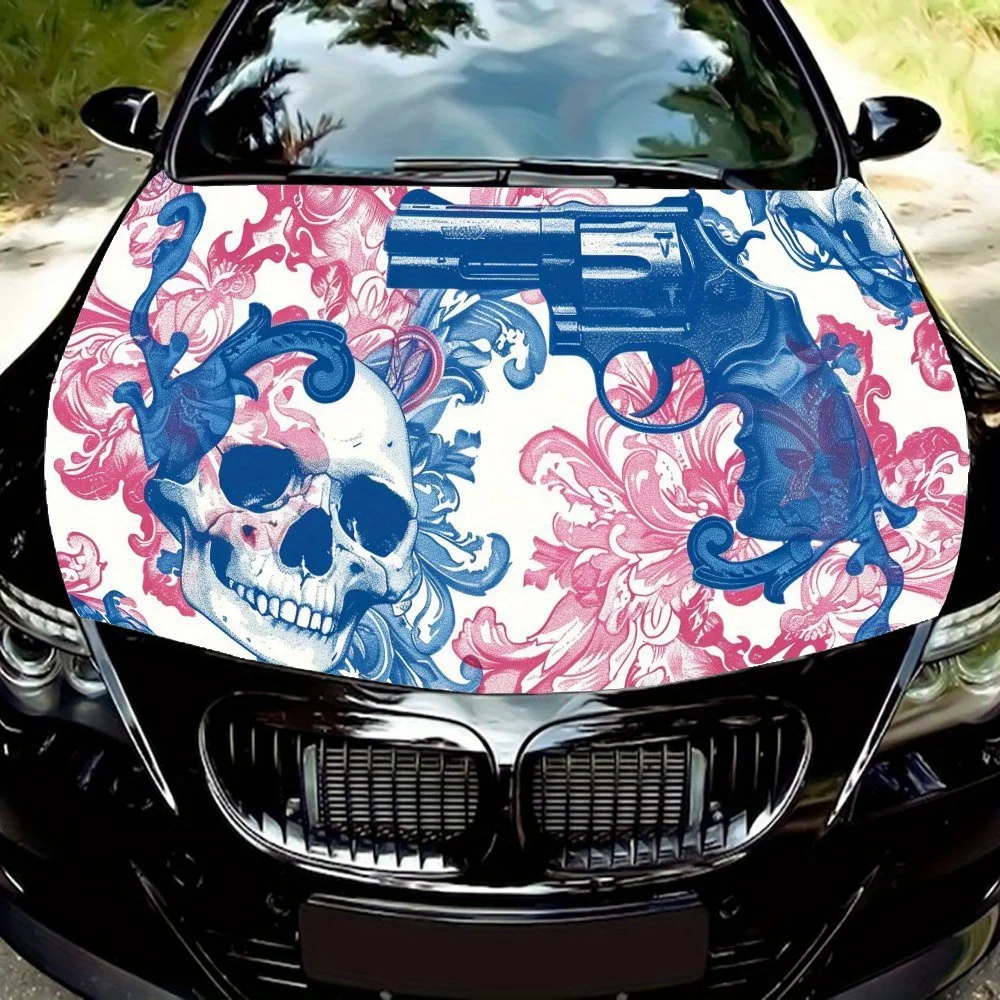 

Edgy Gangster Skull Car Hood Vinyl Wraps Sticker, Car Engine Decal, Waterproof Self-adhesive Car Packaging Cover, Splash-Resista