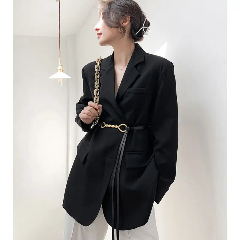 Black Suit Jacket Women 2022 New Vintage Autumn Spring Fashion Loose Blazer Jackets With Belt Female Office Ladies Outwear 2022