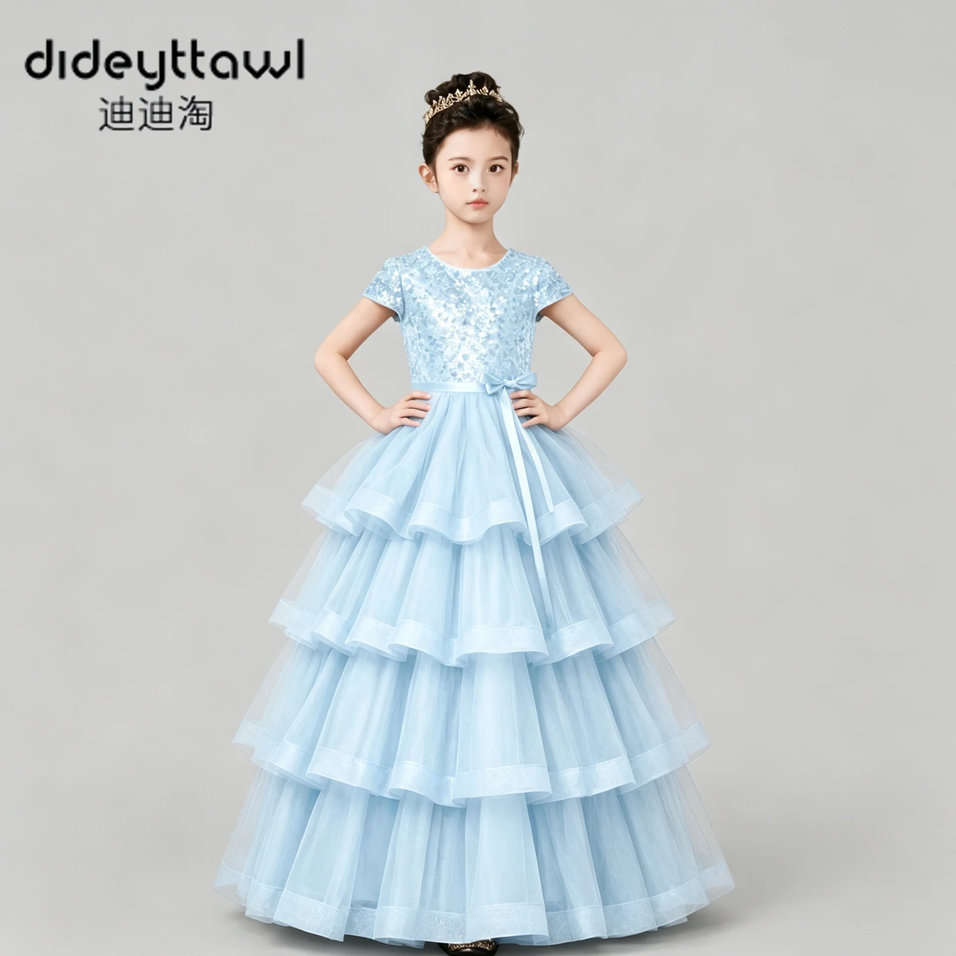 Dideyttawl Sequined Short Sleeve Tiered Tulle Floor Princess Pageant Dress Kids Formal Birthday Prom Party Gown Multi Colors