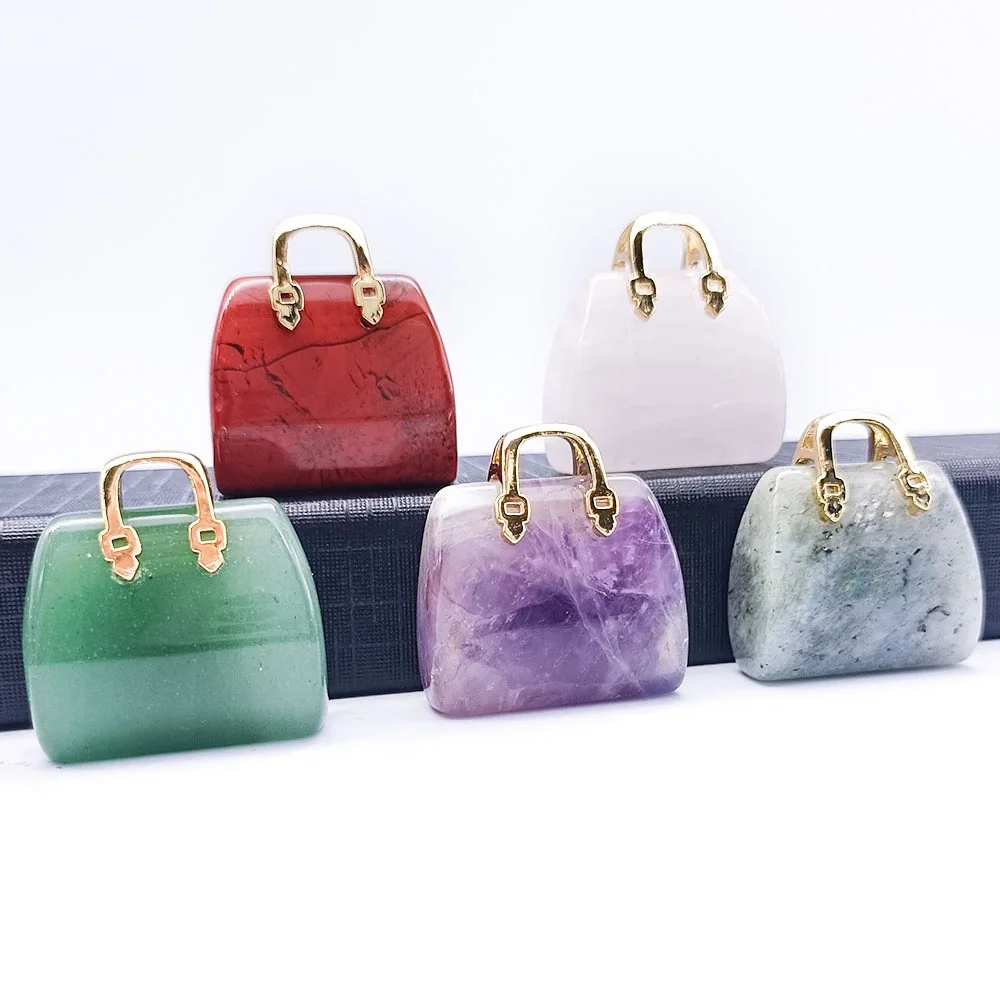 Crystal Mini Handbag Pendant for Women Necklace Bracelet Natural Stone Amethyst Tiger Eye Lapis Lazuli Powder Dongling Jade