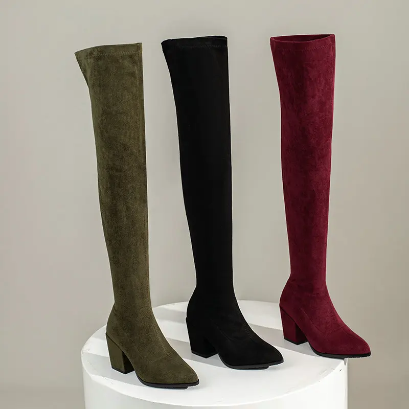 Size 34-48 Olive Green Pointed Toe Faux Suede Leather Stretch Overknees Women Winter Over-the-knee Thigh Long Boots Chunky Heels