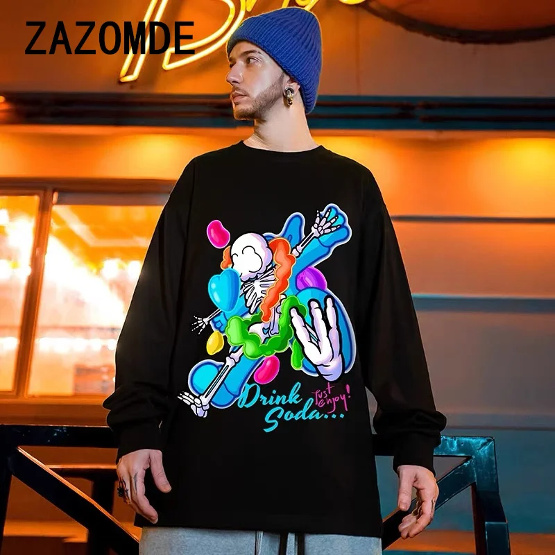 ZAZOMDE Autumn Cotton T-shirt For Men Long-sleeved 260GSM T-shirts Streetwear Hip Hop Oversize Tees Unisex Daily Clothing Tops