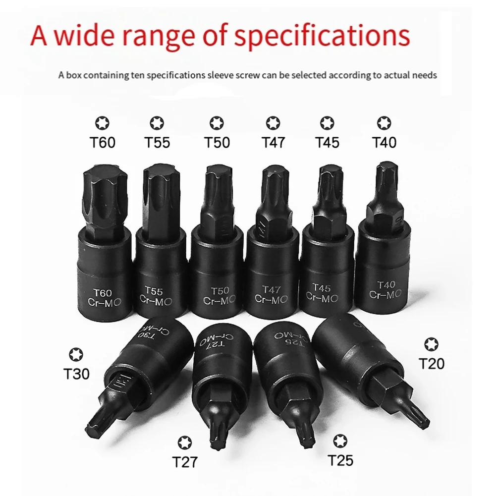 10Pcs Bit Socket Set,Torx Hex Sping Star Bits, T20-T60 with Premium Cr-Mo Steel 3/8 Inch Drive Enhanced Storage