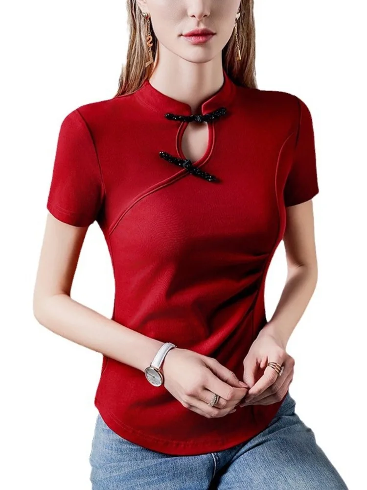 Traje de baile de línea ahuecado para mujer, camisa de flamenco latino, Jazz europeo, Color sólido, cuello levantado, Tops plisados chinos, 2024