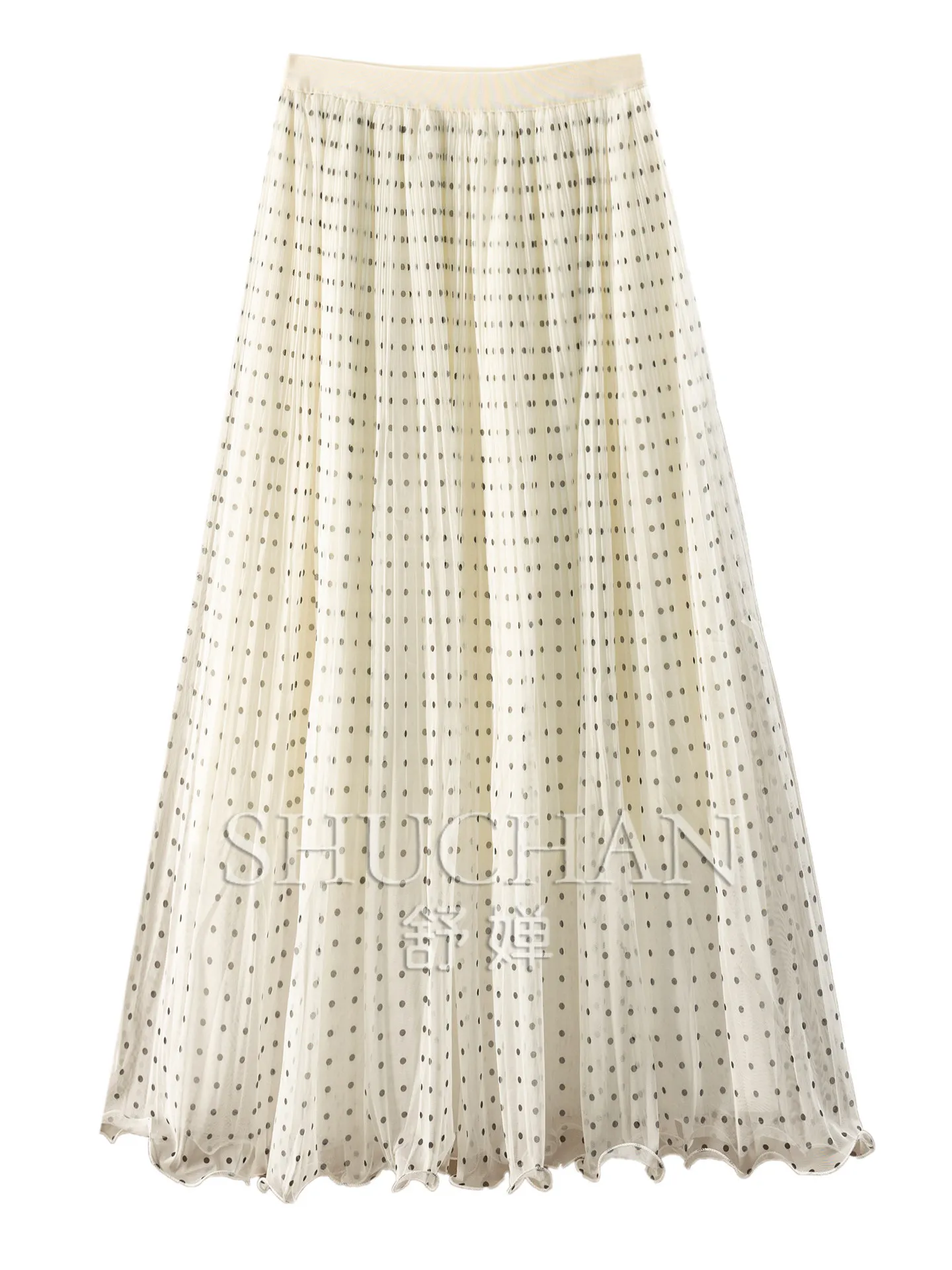 French Romantic High Waist 3 Meters Pendulum Double-layer Mesh Polka Dot Skirt Women's 98M8