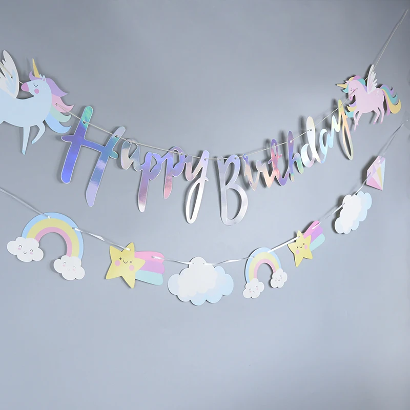 Jednorożec Party Happy Birthday Paper Banner Hanging Garland Flag Unicorn Theme Kids 1st Birthday Party Decorations Baby Shower