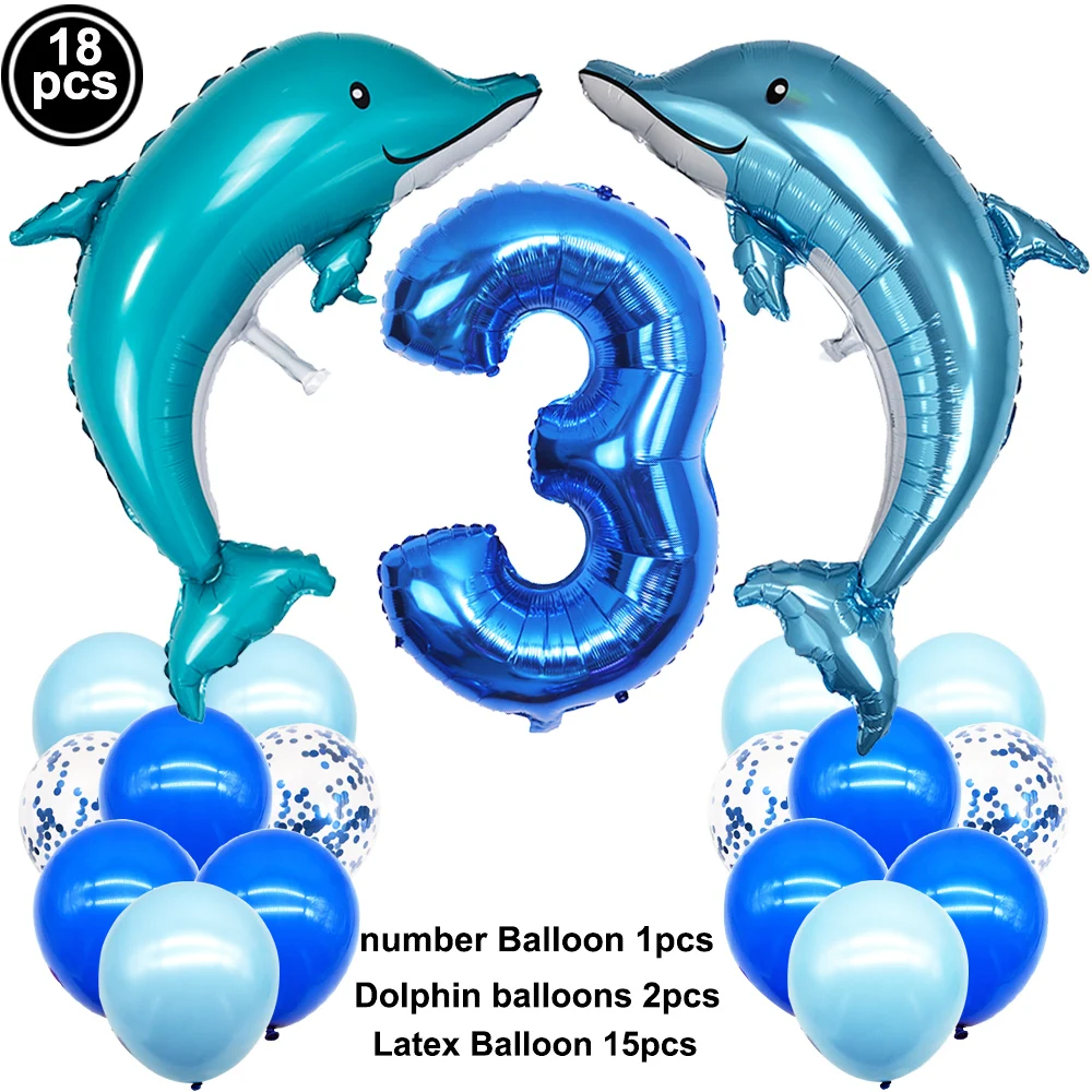 18 Stück Delphin-Luftballons, blau, 32 Zoll, Zahlen, Ballon, 1. Geburtstag, Dekoration für Kinder, Jungen, Meerestiere, Thema, Geburtstagsparty-Zubehör – Detail 3