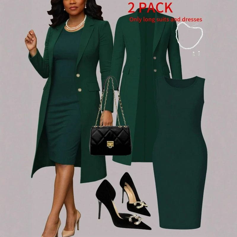 Conjunto de Vestido para Mujer, Elegante, de Dos Piezas, con Chaqueta Larga de Manga Larga, Cuello Redondo, Corte Ajustado, con Botones y Solapa, Verano 2026