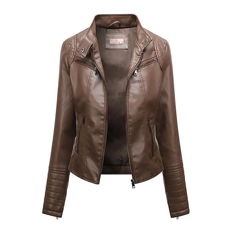 2025 new fashion women's leather slim-fit jacket Spring and autumn women motorcycle wear large size standing collar leather coat