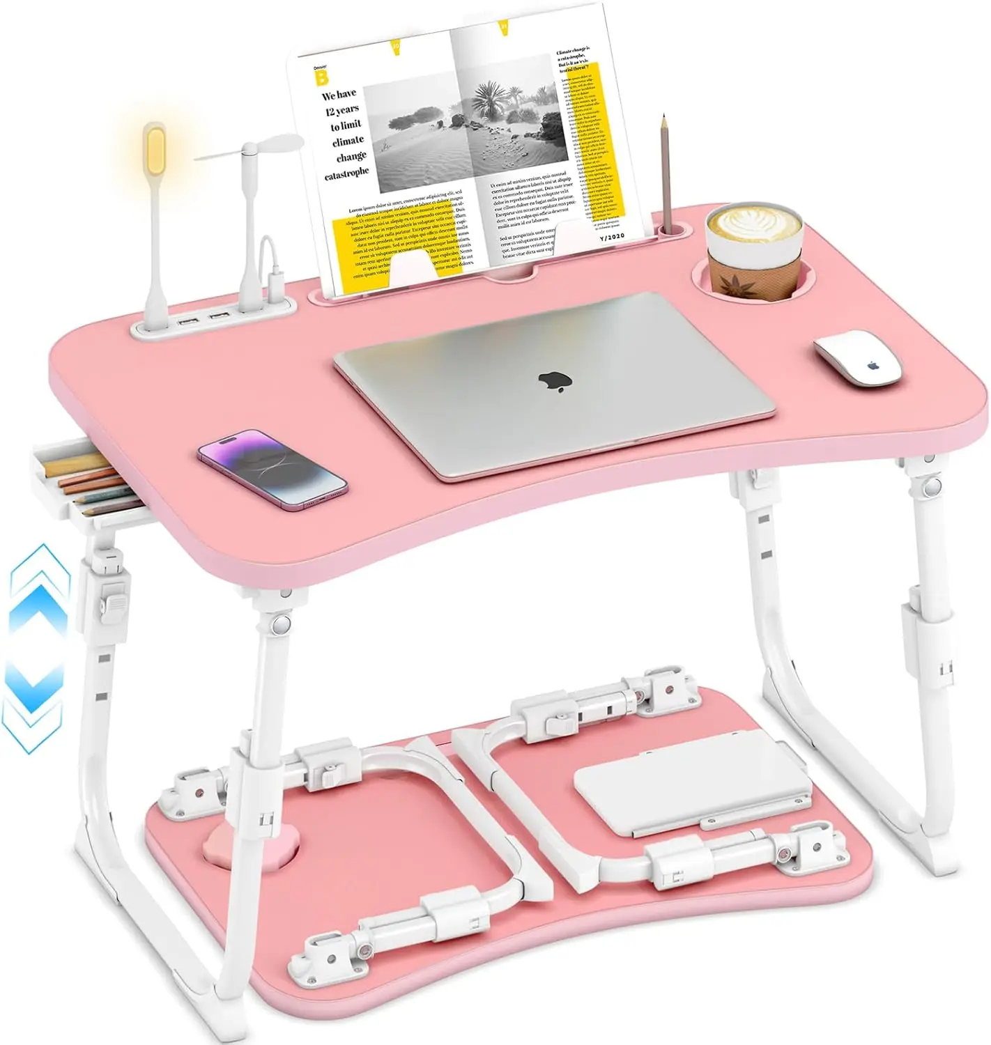 

Lap Desk for Bed Adjustable Height, Foldable Bed Table with Storage Drawer, Tablet Slot & Cup Holder, Portable Laptop Stand f