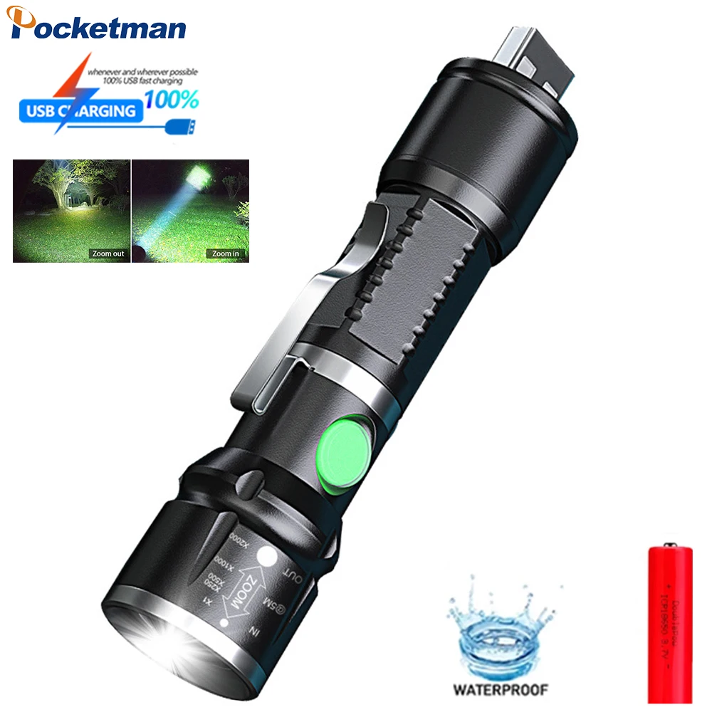 

New Led Zoom Flashlight with Retractable Hidden Charging Lamp 3 Modes Tactical Torch Waterproof Lanterna Use 18650 Battery