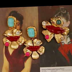 Exaggerated simple lips stud earrings elegant flower brooch jewelry set for women