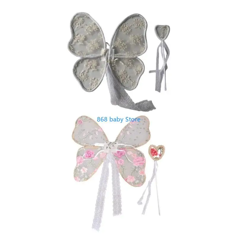 29EE Soft Lace Angel Wing for Kids Photography Adjustable for Baby Girls with Wand