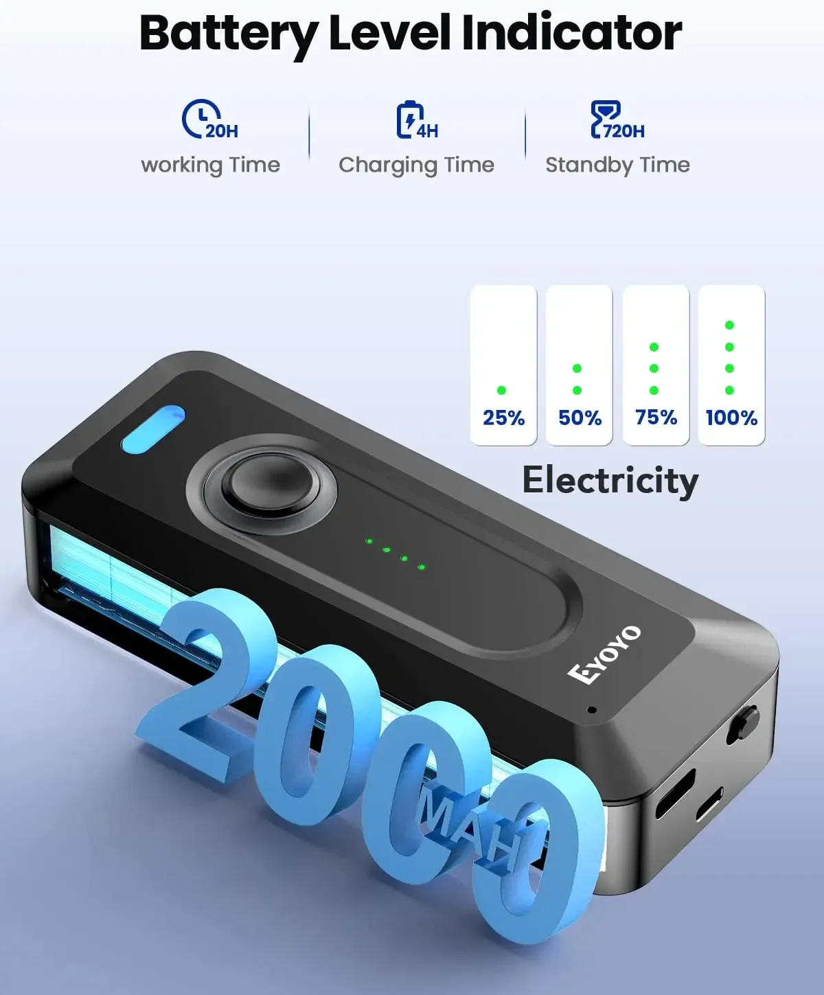 Imagem -05 - Eyoyo-barcode Scanner Portátil com Clip Wireless Mini qr Bar Code Reader para Loja Wireless 2000mah Bateria Indicador de Nível 2d