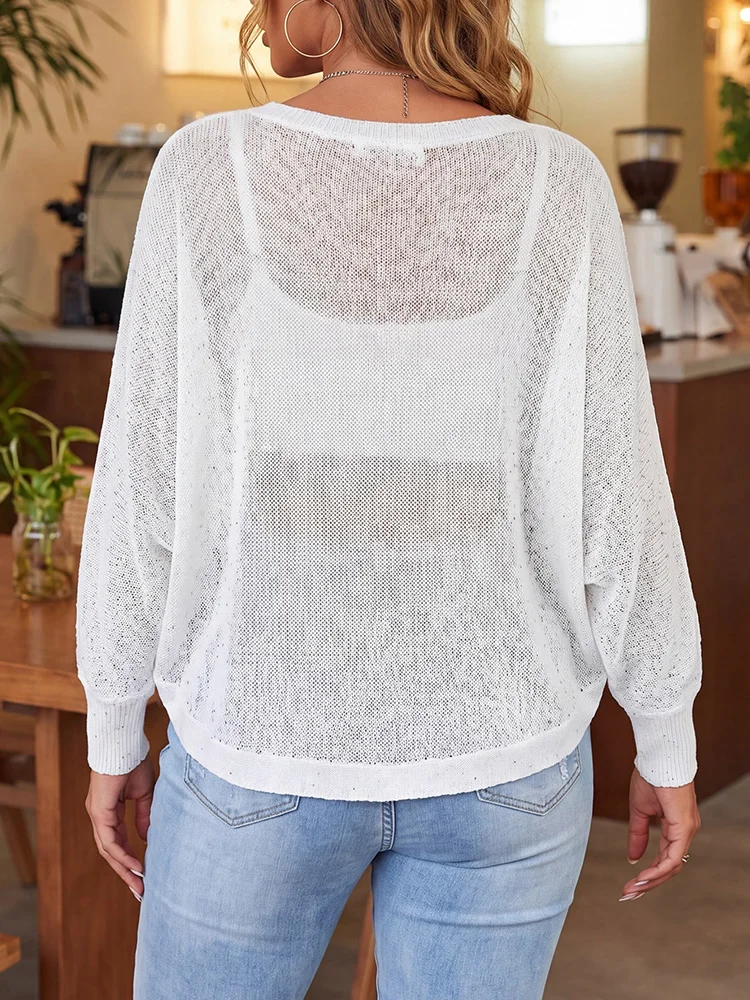 GIBSIE Plus Size Batwing Sleeve Sequined Knitted Top Women's Spring Summer See Through Solid Color Pullover Female Knitwear