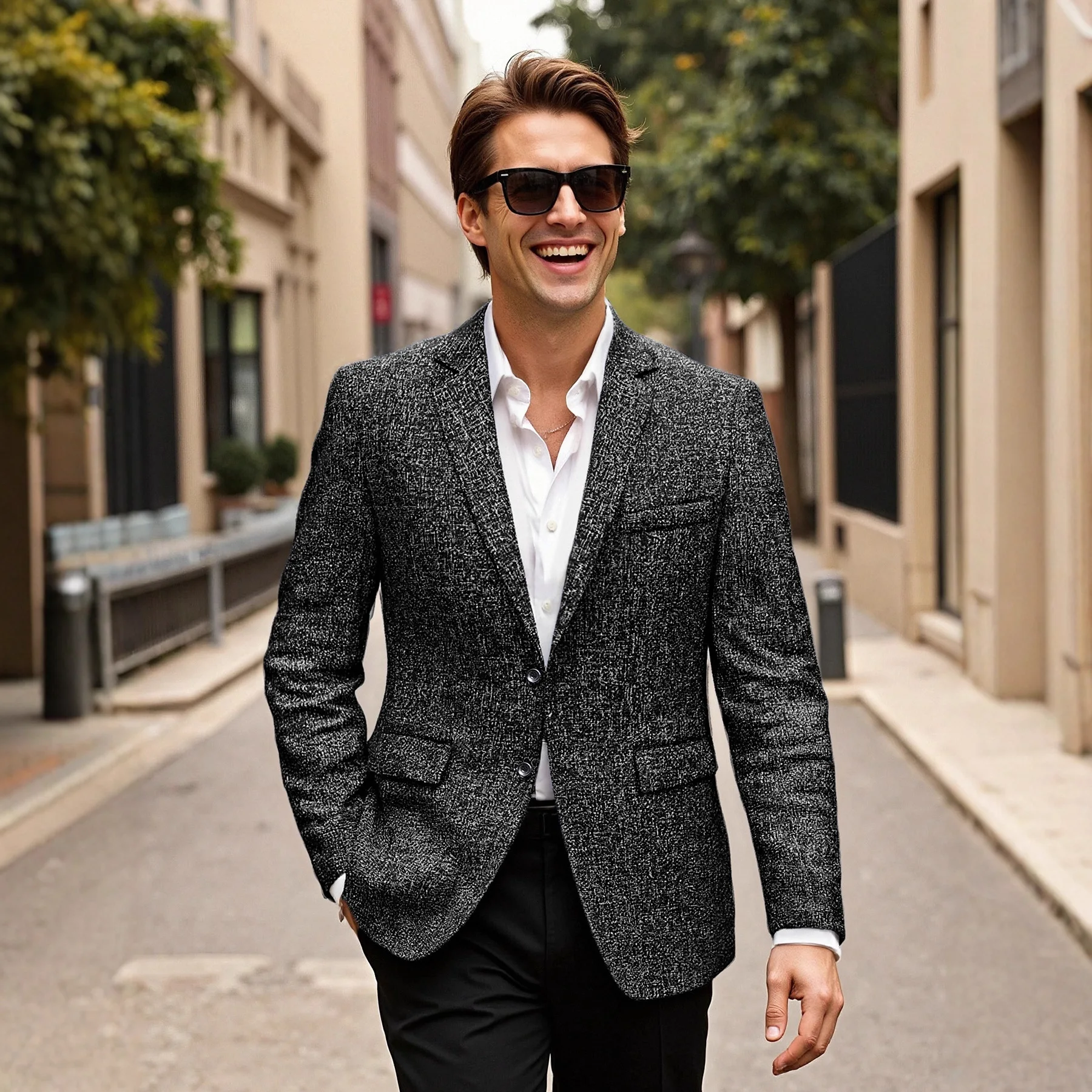 

Men's Spring And Autumn Slim-fitting Thin Fashion Casual Solid Color Grainy Blazer Jacket Lightweight Polyester Suit