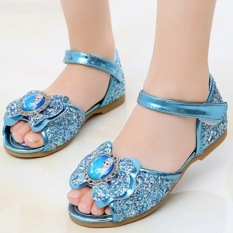 Girl Princess Cartoon Frozen Elsa Sandal Summer Leather Glitter Crystal Rhinestones Bow Kid Sandals Party Shoes Children Slipper