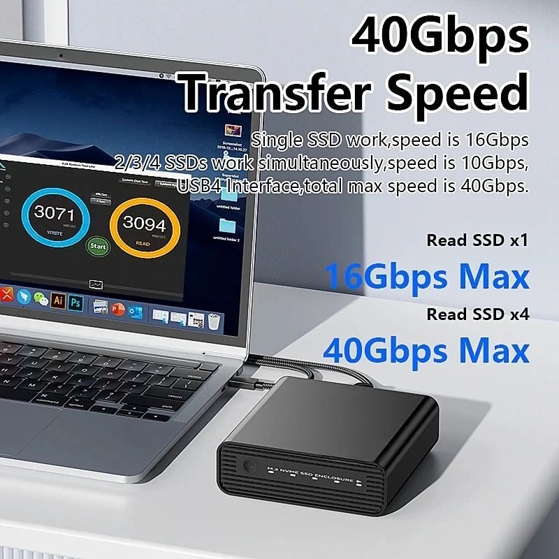 Aluminum M2 4-Bay USB4 External NVME SSD Enclosure 4 Bay 40Gbps M.2 NVME RAID SSD Enclosure Case with Cooling Fan