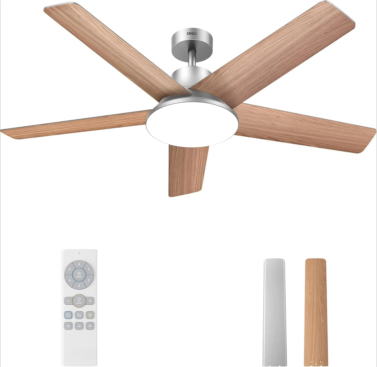 Ceiling Fans with Lights and Remote, 52 Inch, 6 Speeds, 5 Color Tones Dimmable LED, Quiet Reversible DC Motor, 8H Timer