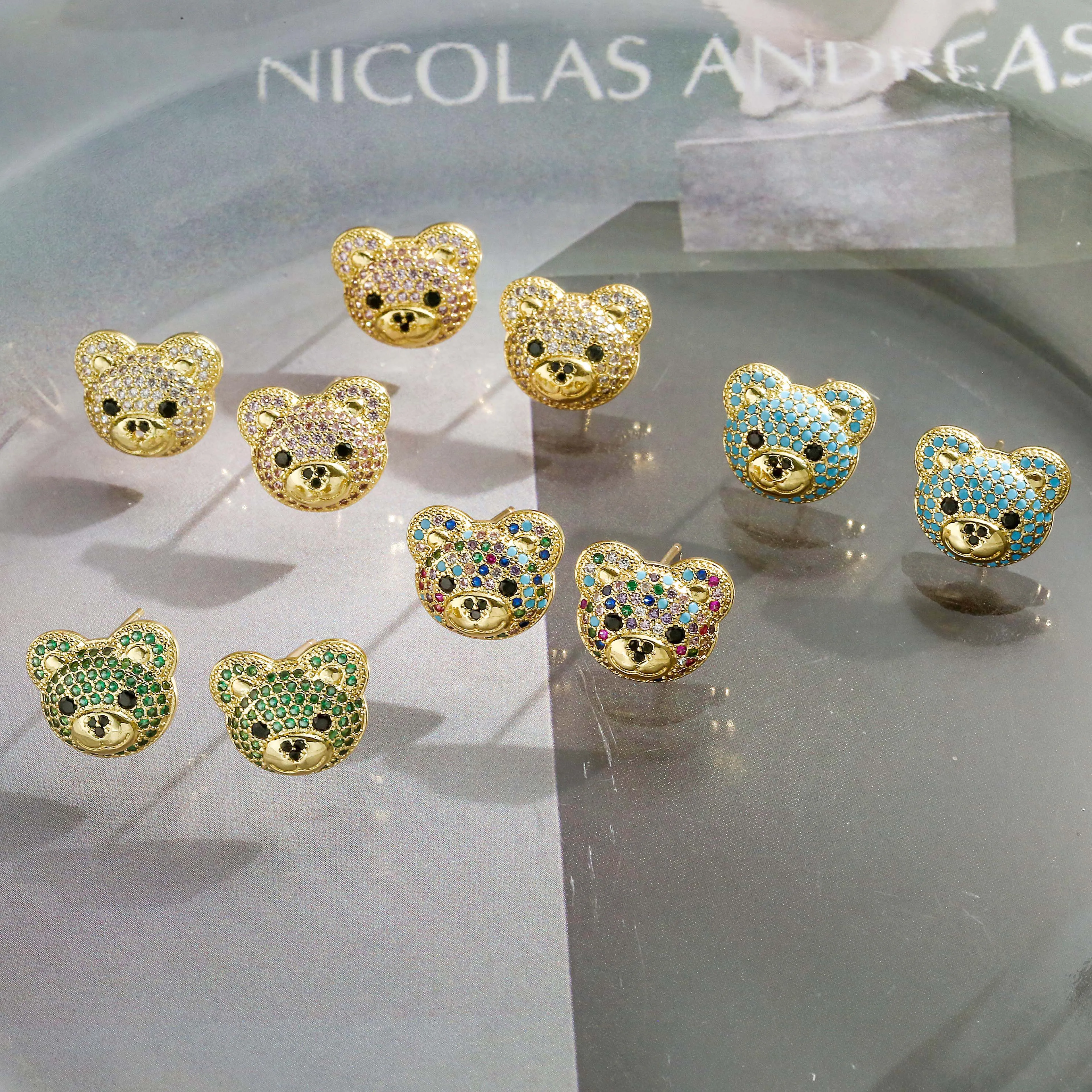 

HECHENG,Cute Gold Plated Colorful CZ Bear Earrings Multi Color Bear Ear Stud Fashion Zircon Animal Stud Earring
