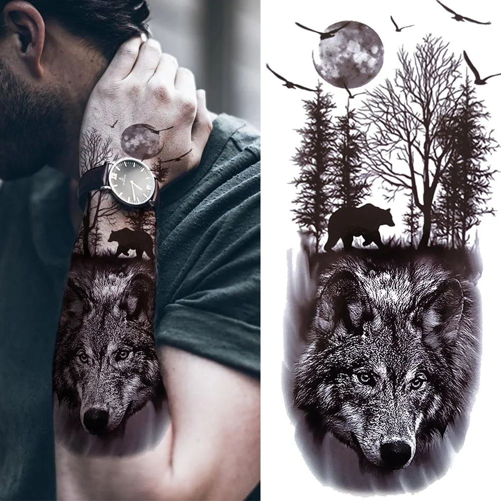 1 Sheet Black Forest Tattoo Sticker for Men Woman Child Tiger Wolf Skull Flower Temporary Tattoo Skull King Animal Fake Tattoo