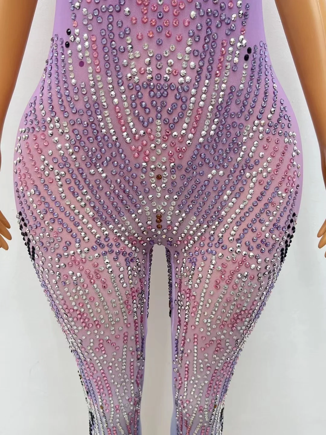 Mono morado con piedras de colores brillantes, traje de baile elástico con cuentas ajustadas, fiesta de graduación, club nocturno, cantante, traje de actuación C137